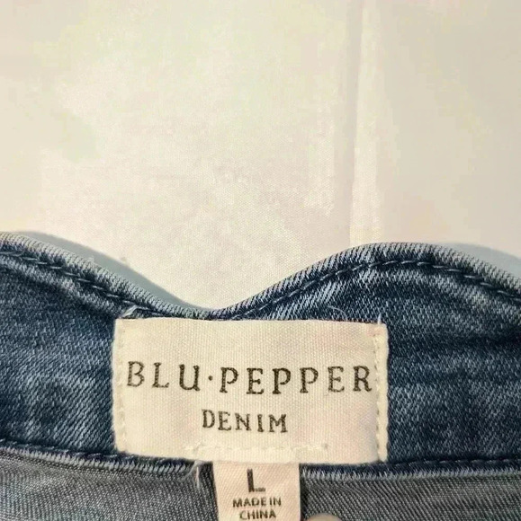 Blu Pepper Denim Jean Skirt Size large Ruffle Waist front button down - Picture 2 of 6